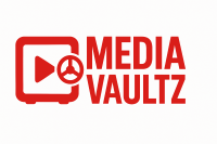 Media Vaultz red logo with play button and vault icon on white background